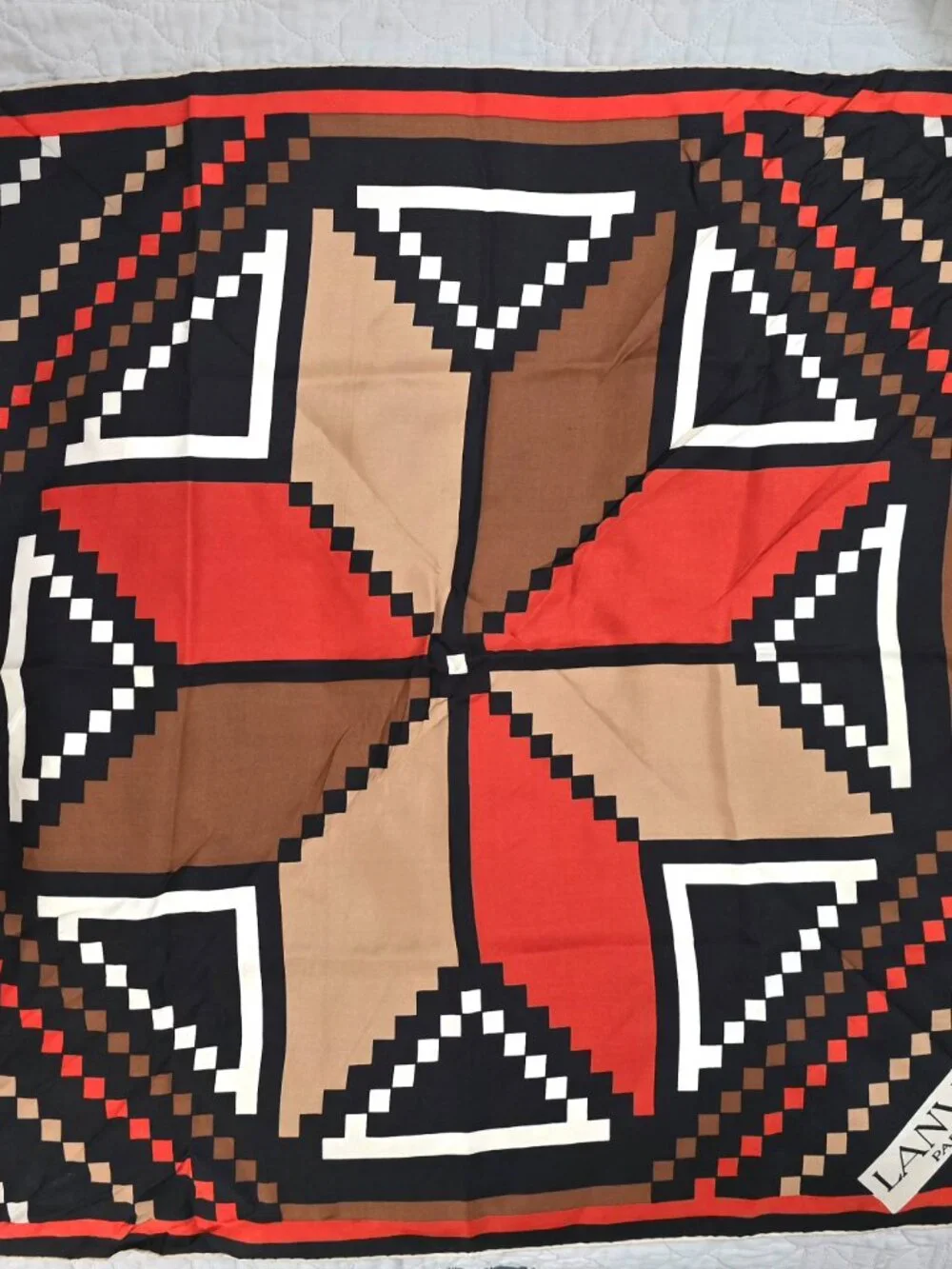Vtg Lanvin 100% Silk Scarf Rust/Orange Navy Tan Ecru French Geometric 26